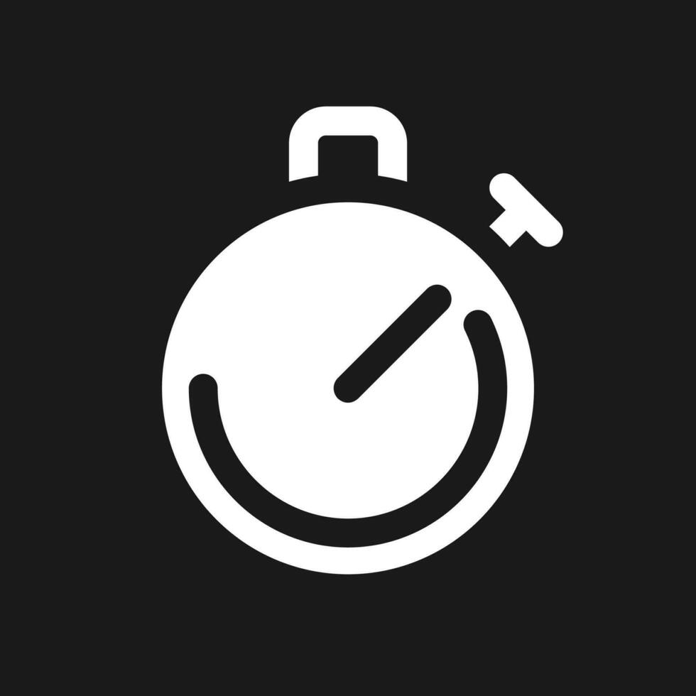 Stop watch dark mode glyph ui icon. Countdown tool. Sport competition. User interface design. White silhouette symbol on black space. Solid pictogram for web, mobile. Vector isolated illustration