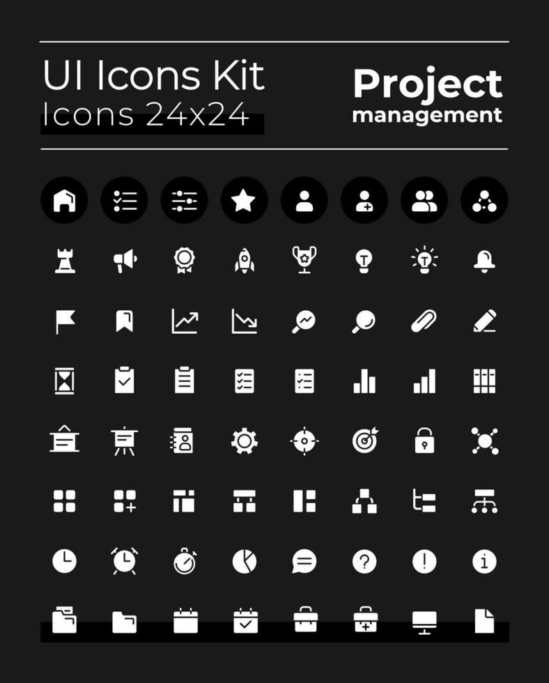 Project management white glyph ui icons kit for dark mode. Silhouette symbols on black background. Solid pictograms for web, mobile. Vector isolated illustrations