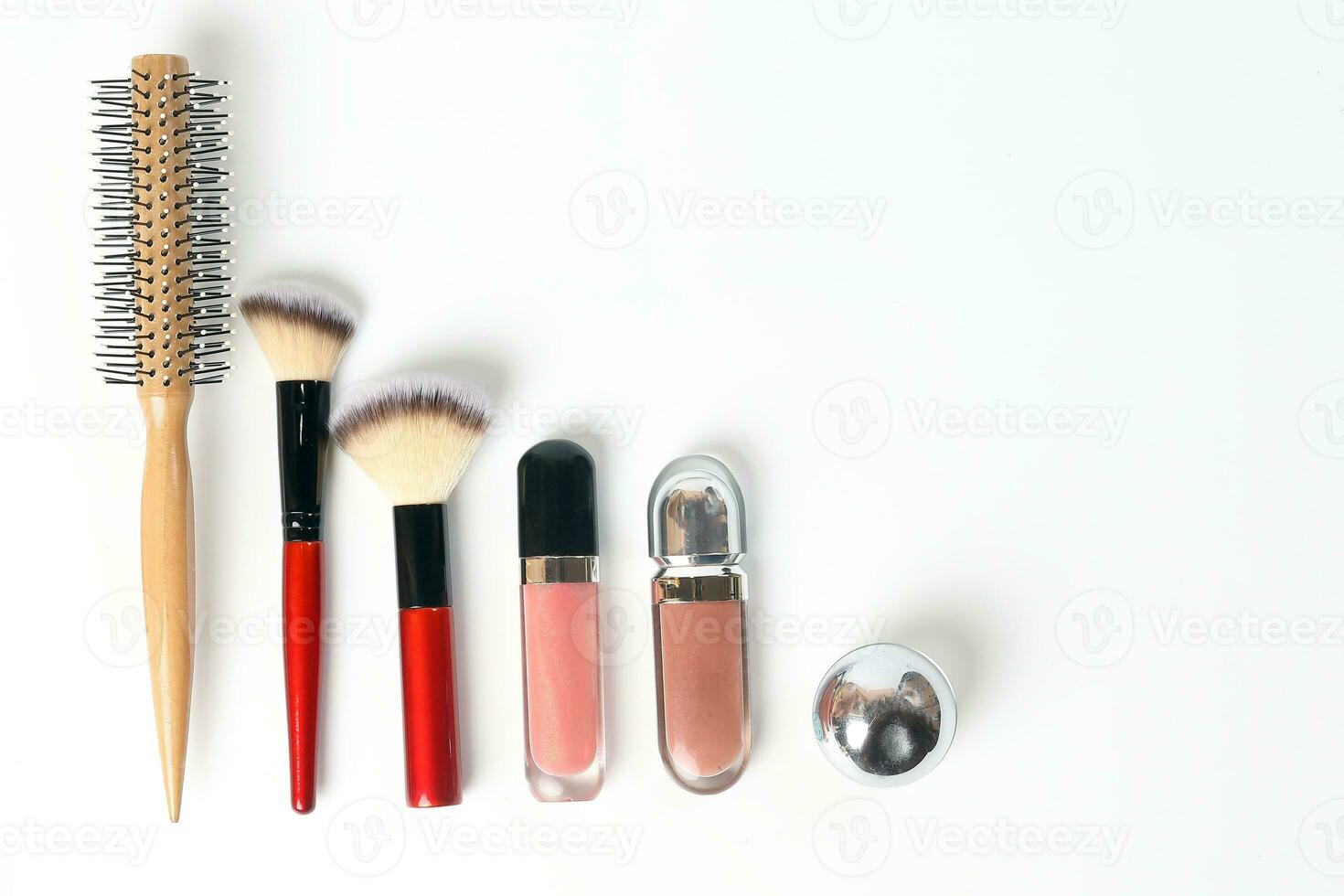 Beauty makeup face hair accessories beautician artist on white background copy space border frame top view photo