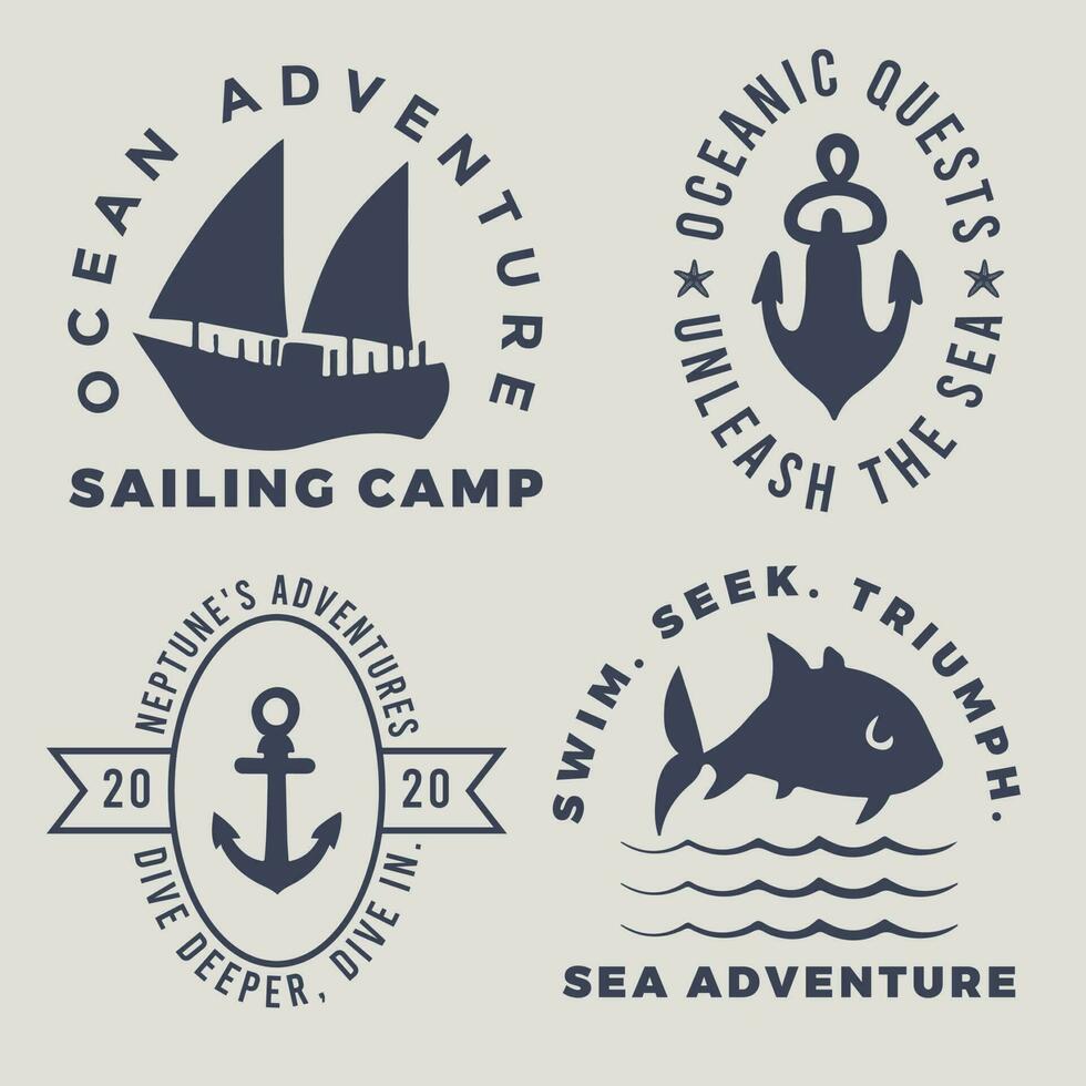 Set of sailing camp and yacht club badge. The concept for shirt print. Vintage typography design with black sea anchors, fish, and lifeboat silhouette. vector