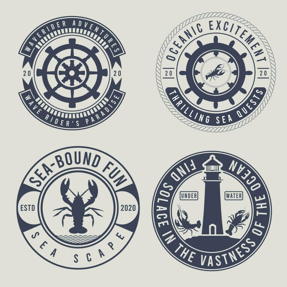 Vintage nautical and crayfish labels. Monochrome logos of sea and sailing. Pirate label with watchtowers and ship wheel illustration. vector