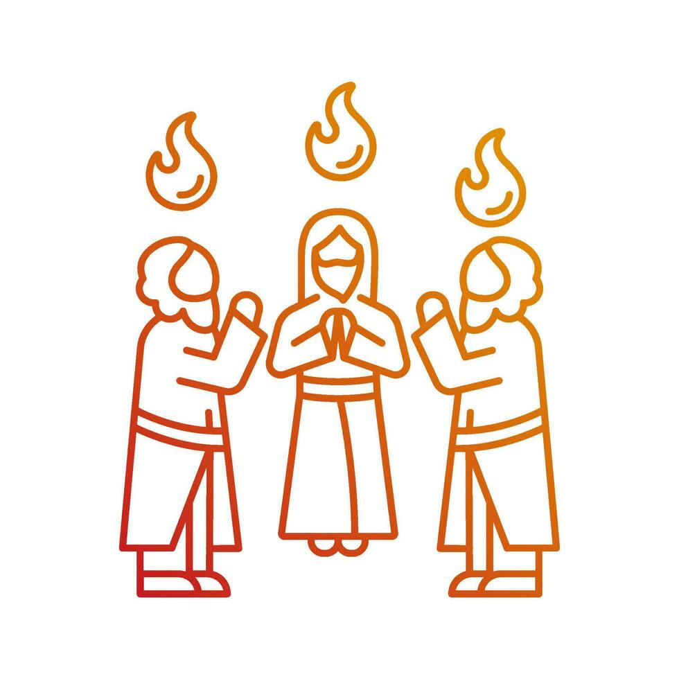 Apostles with holy tongues of fire gradient linear vector icon. Pentecost celebration. Men stand in circle and pray. Thin line color symbol. Modern style pictogram. Vector isolated outline drawing