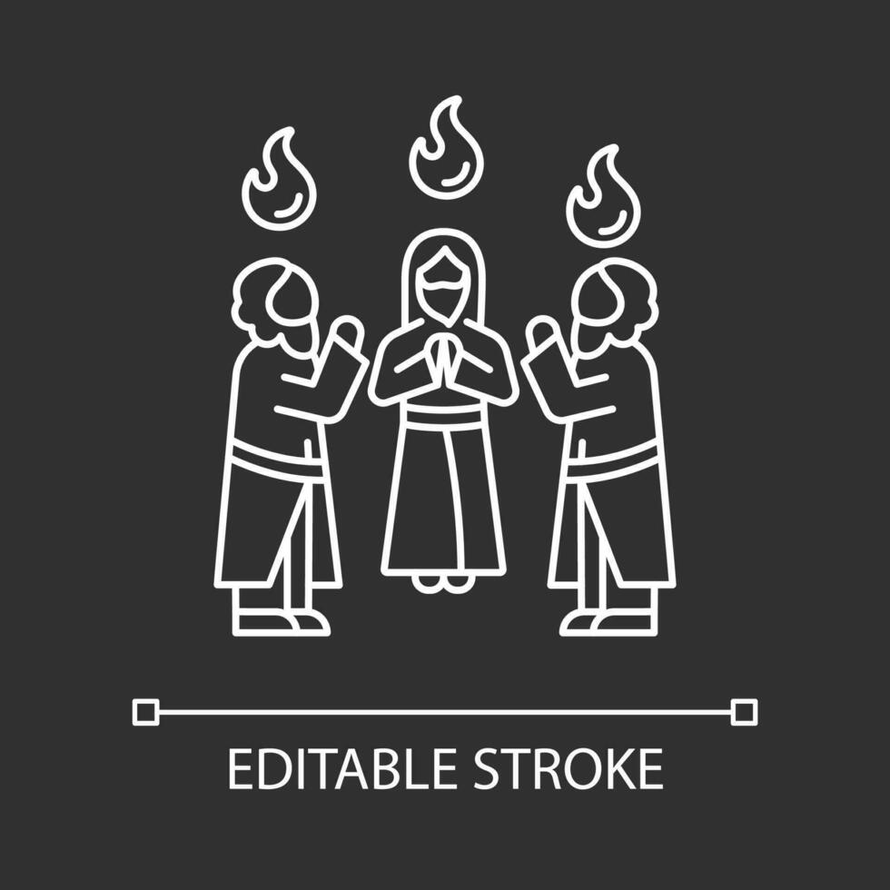 Apostles with holy tongues of fire white linear icon for dark theme. Pentecost celebration. Biblical story. Thin line illustration. Isolated symbol for night mode. Editable stroke vector