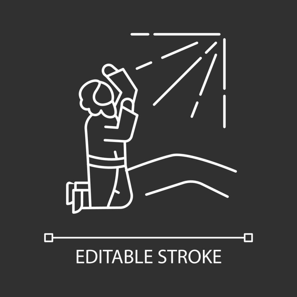 Apostle pray to holy radiance white linear icon for dark theme. Saint Paul conversion. Bible. Thin line illustration. Isolated symbol for night mode. Editable stroke vector