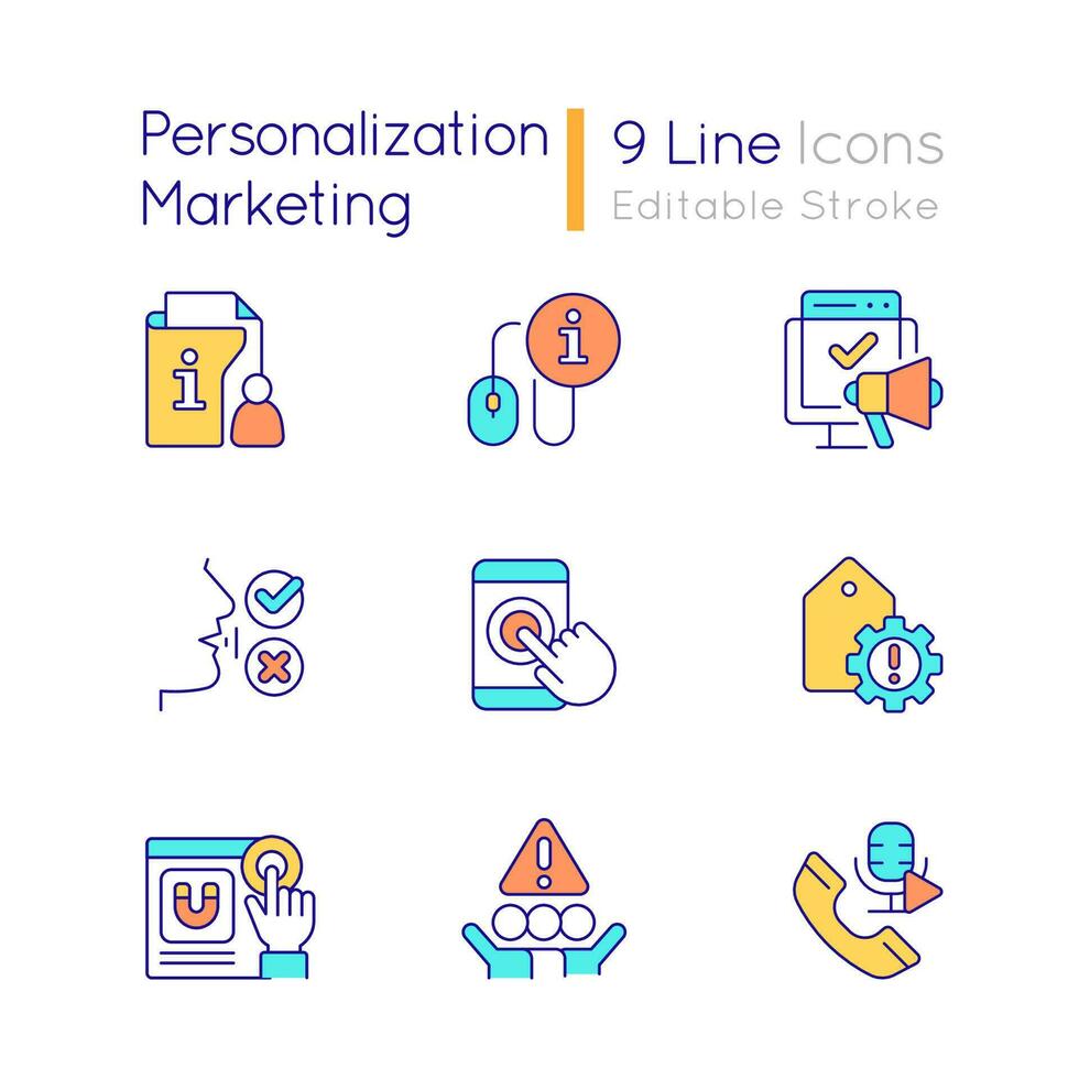Personalization marketing RGB color icons set. Digital tools. Customer engagement. Isolated vector illustrations. Simple filled line drawings collection. Editable stroke