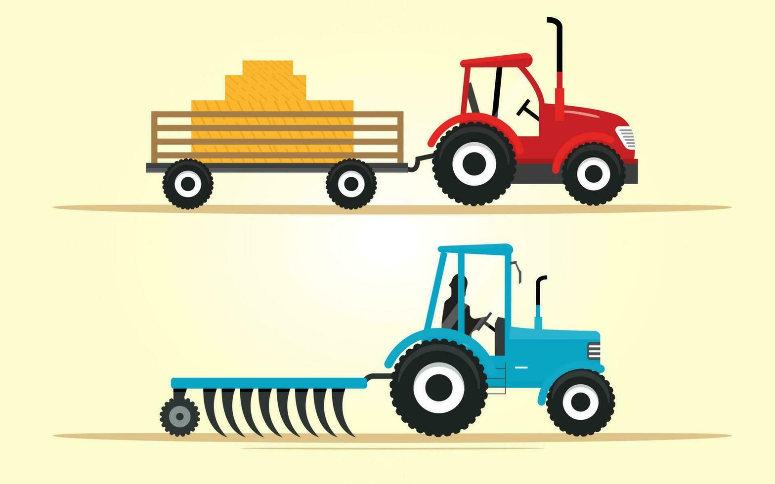 conjunto de dos agrícola tractor ilustraciones. tractor que lleva heno, combinar segador en el campo, cosecha. un ambientalmente simpático agrícola economía para negocio. ilustración vector