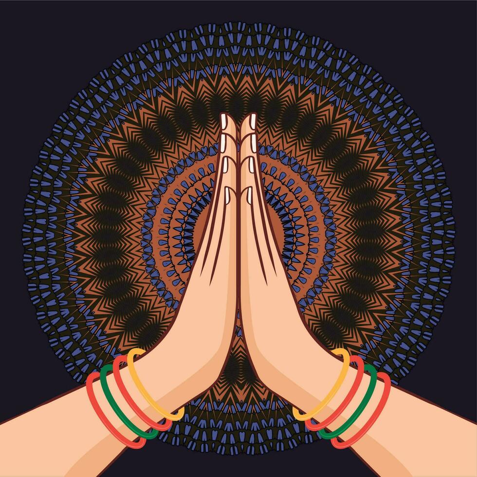 ilustración de karma representado con namaste, postura de saludo de mano de mujeres indias de namaste con ilustración de vector de flor de loto