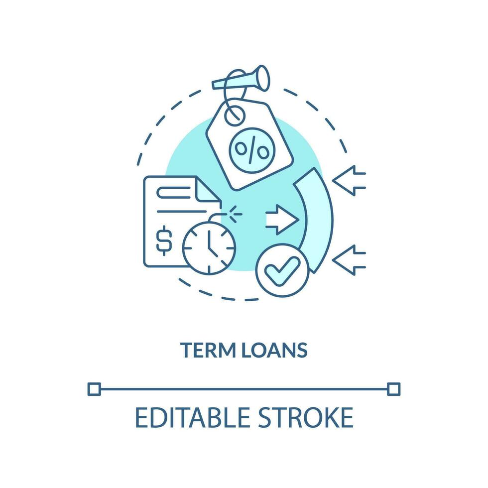 Term loans turquoise concept icon. Flexibility. Source of long term financing abstract idea thin line illustration. Isolated outline drawing. Editable stroke vector