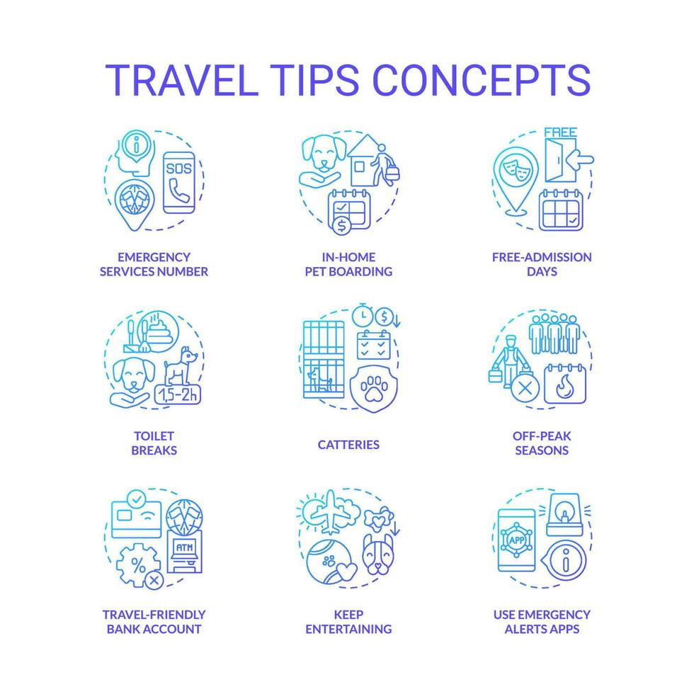 Travel tips blue gradient concept icons set. Trip abroad advices. Moving with pets idea thin line color illustrations. Isolated symbols. Editable stroke vector