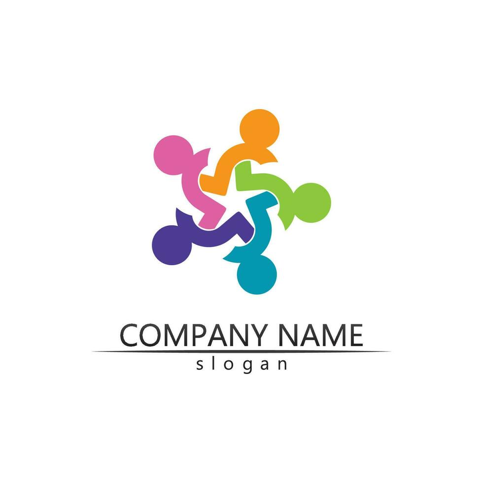 comunidad de personas, red de grupos de atención e icono social, diseño de logotipo y plantilla vector