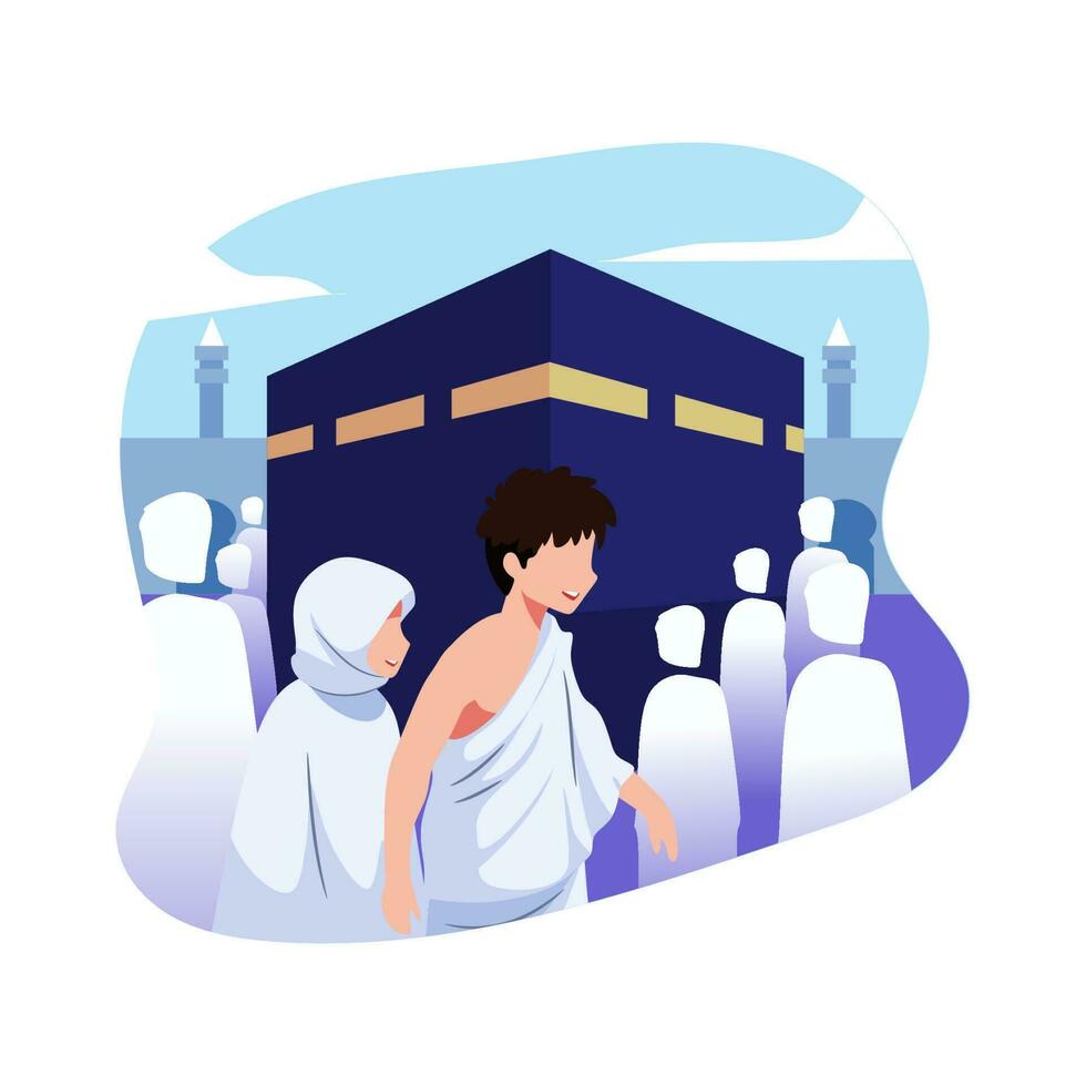 A cartoon of a muslim couple walking in front of the kaaba. vector