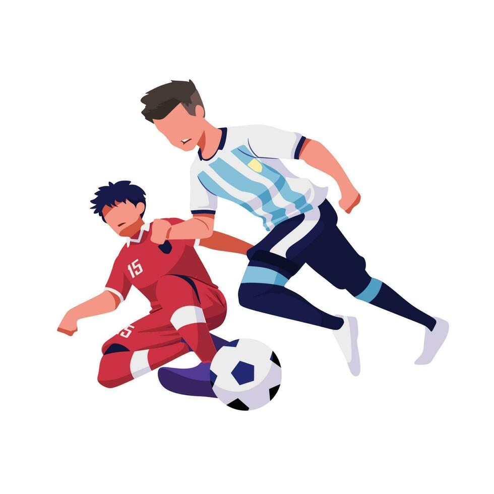 ilustración de un simpático partido Entre Indonesia y argentina son luchando para el pelota. vector