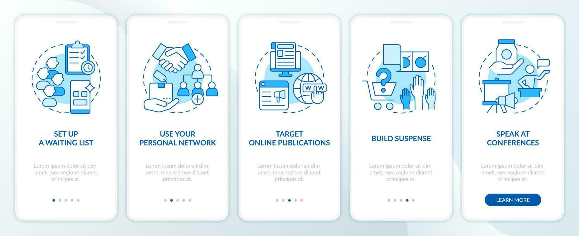 Getting first clients tips blue onboarding mobile app screen. Walkthrough 5 steps editable graphic instructions with linear concepts. UI, UX, GUI template vector