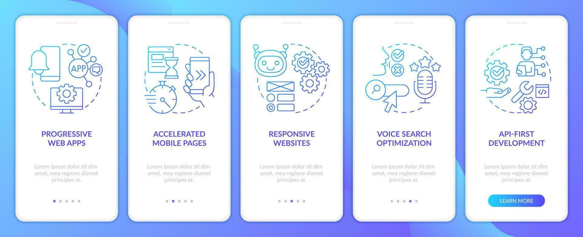 futuro de web tecnologías azul degradado inducción móvil aplicación pantalla. recorrido 5 5 pasos gráfico instrucciones con lineal conceptos. ui, ux, gui modelo vector