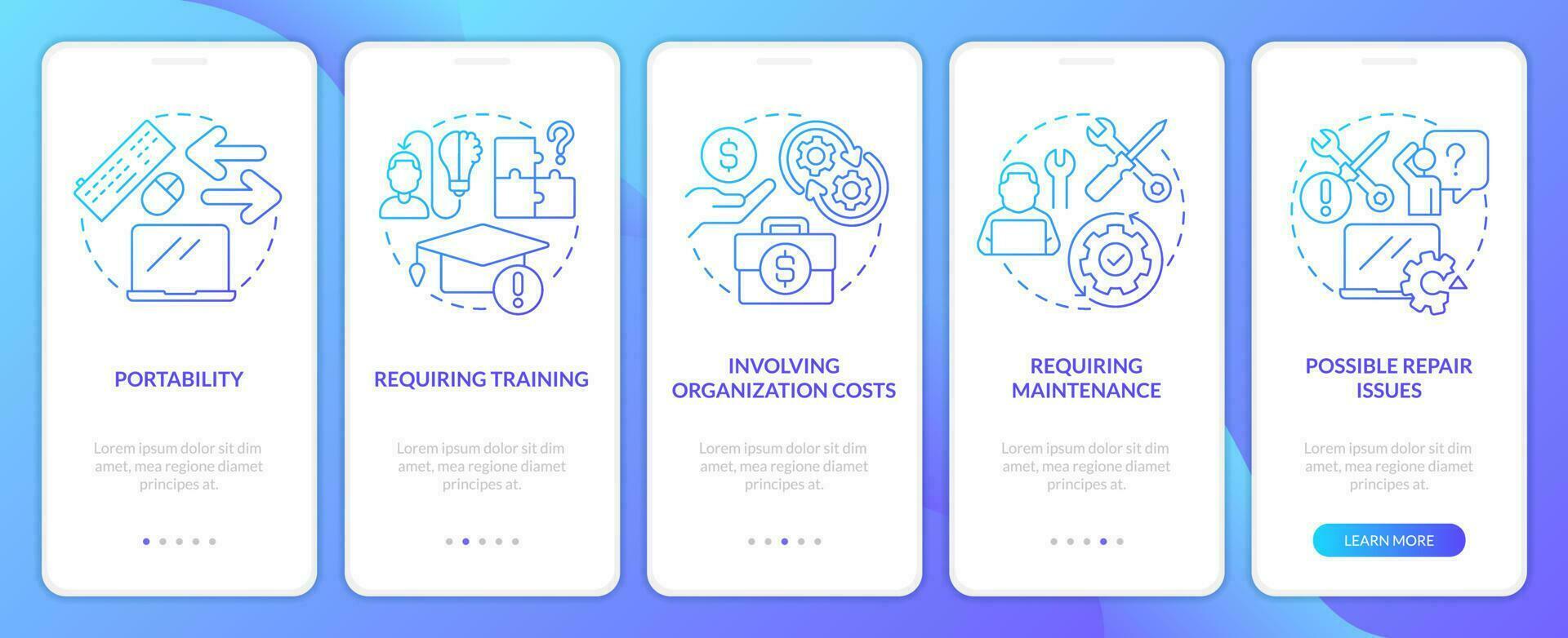 Choosing company equipment blue gradient onboarding mobile app screen. Walkthrough 5 steps graphic instructions with linear concepts. UI, UX, GUI template vector