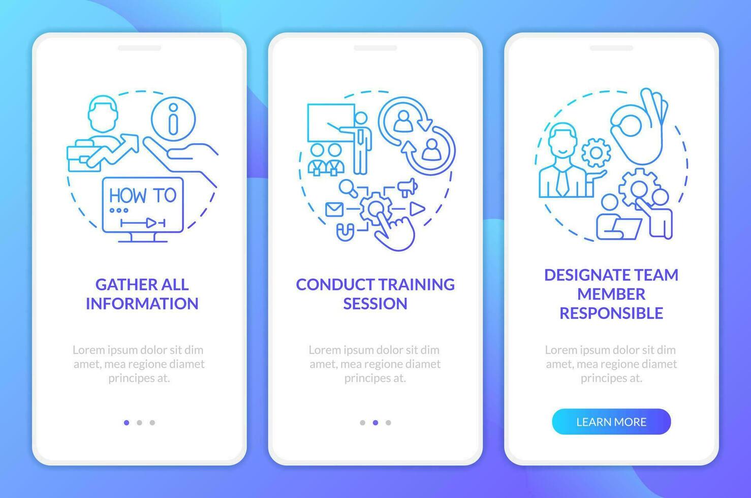 Involve new business software tips blue gradient onboarding mobile app screen. Walkthrough 3 steps graphic instructions with linear concepts. UI, UX, GUI template vector