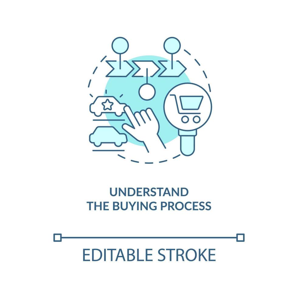 Understand buying process turquoise concept icon. Acquire new consumers tip abstract idea thin line illustration. Isolated outline drawing. Editable stroke vector