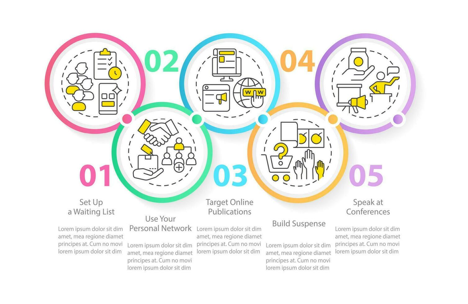 Landing your first clients tips circle infographic template. Data visualization with 5 steps. Editable timeline info chart. Workflow layout with line icons vector