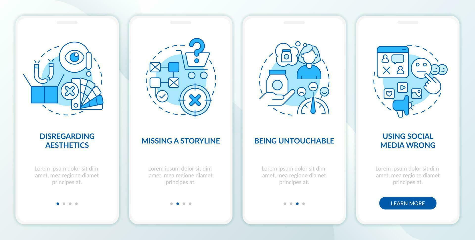 Attraction marketing mistakes blue onboarding mobile app screen. Walkthrough 4 steps editable graphic instructions with linear concepts. UI, UX, GUI template vector
