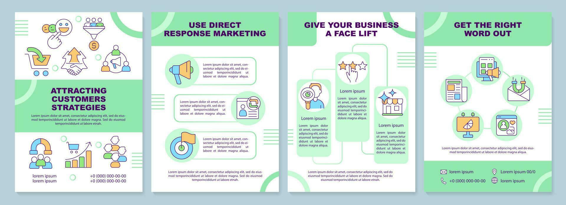 Attracting customers strategy brochure template. Leaflet design with linear icons. Editable 4 vector layouts for presentation, annual reports