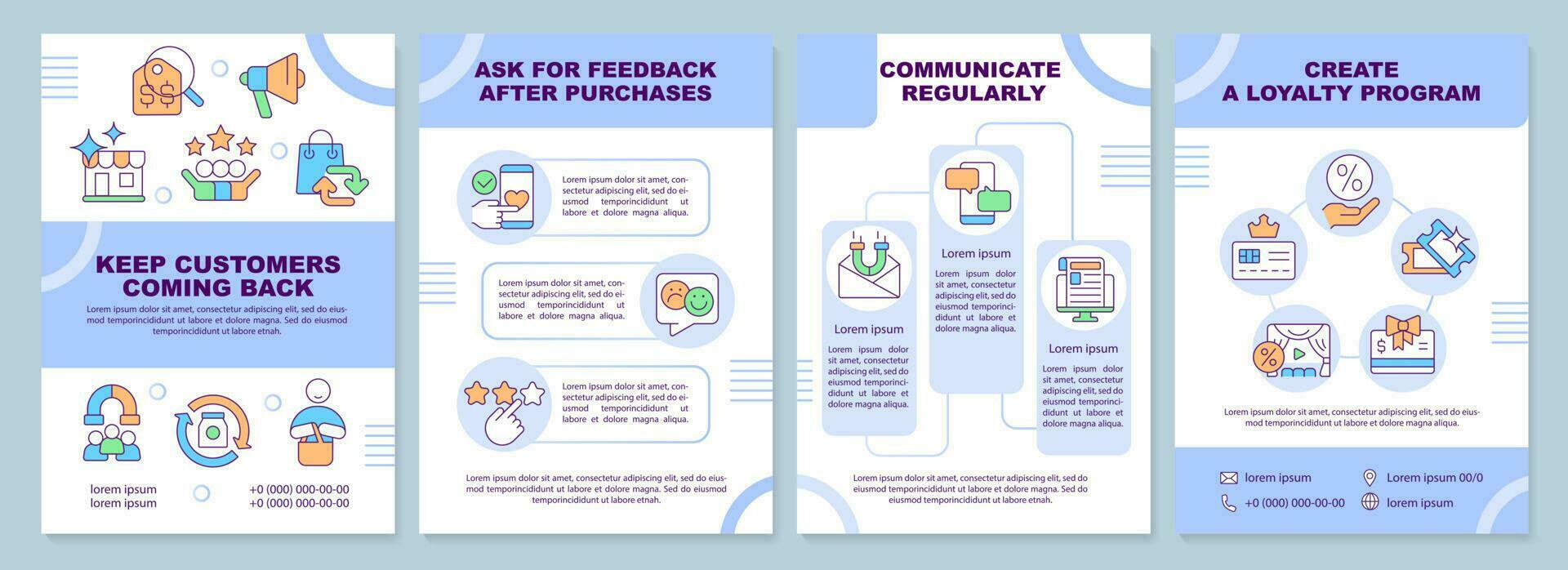 Keep customers coming back brochure template. Client loyalty. Leaflet design with linear icons. Editable 4 vector layouts for presentation, annual reports