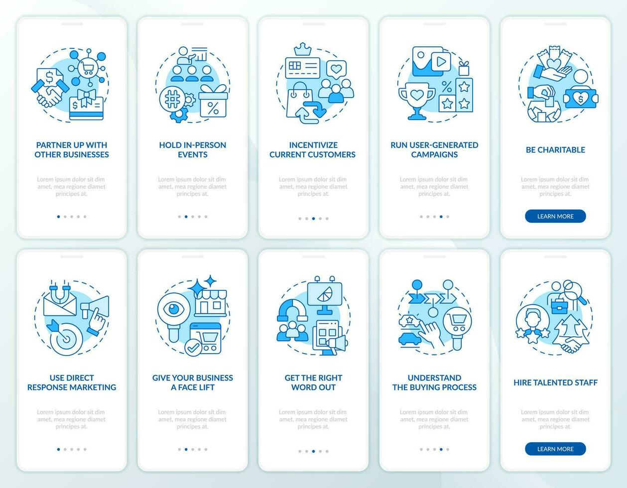 Ways of finding customers blue onboarding mobile app screen set. Walkthrough 5 steps editable graphic instructions with linear concepts. UI, UX, GUI template vector