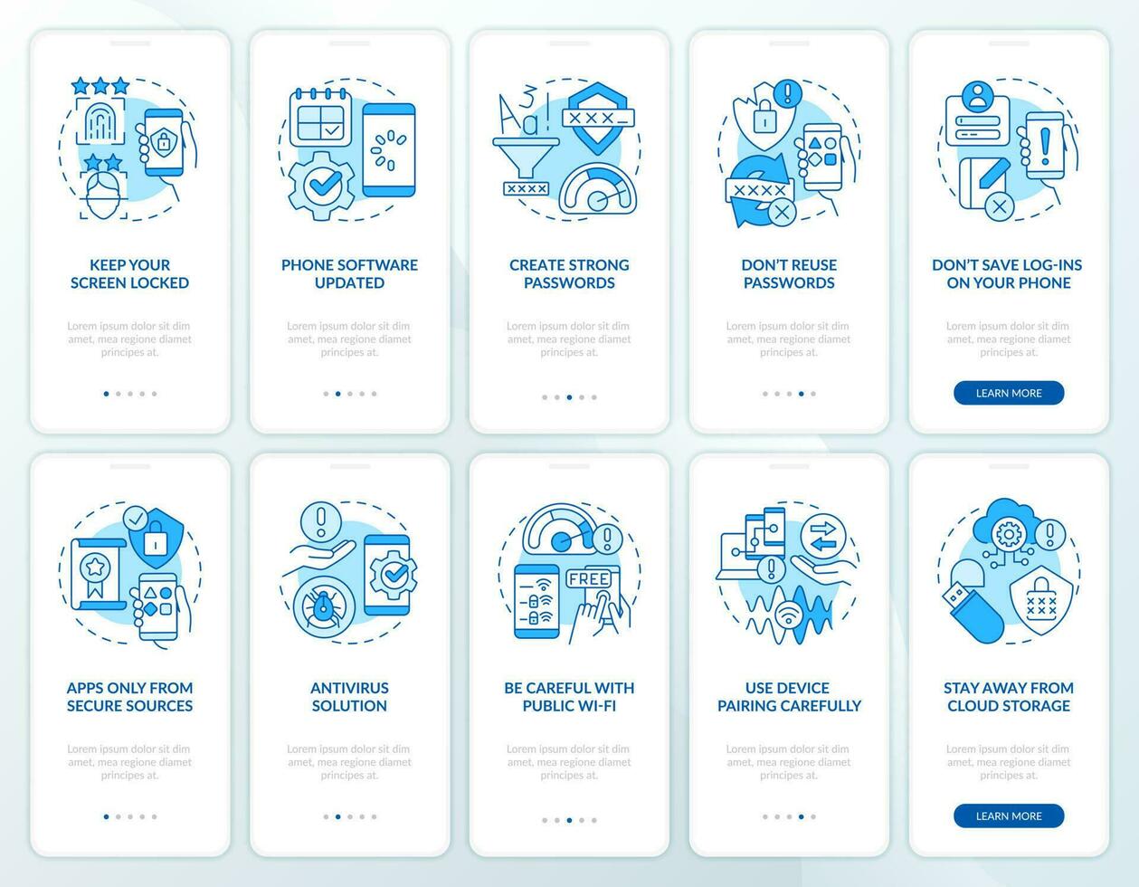 Smartphone security tips blue onboarding mobile app screen set. Walkthrough 5 steps editable graphic instructions with linear concepts. UI, UX, GUI template vector