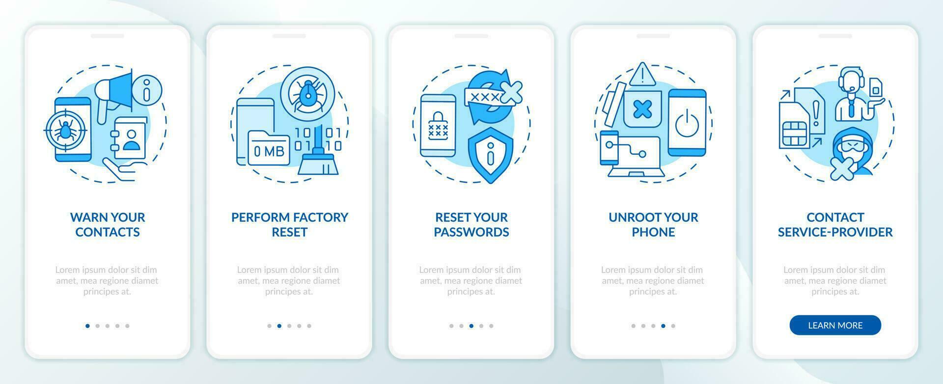Remove hacker blue onboarding mobile app screen. Smartphone safety walkthrough 5 steps editable graphic instructions with linear concepts. UI, UX, GUI template vector