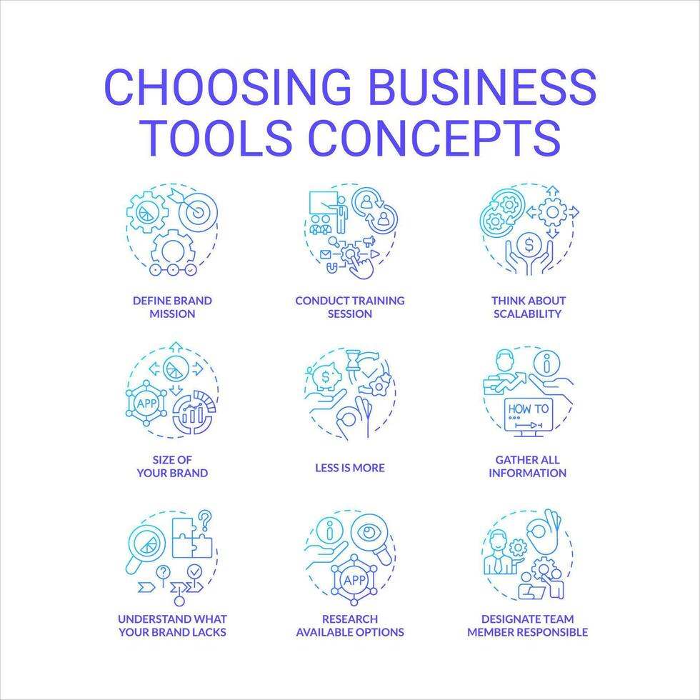 Choosing business tools blue gradient concept icons set. Provide new technologies. Development idea thin line color illustrations. Isolated symbols vector