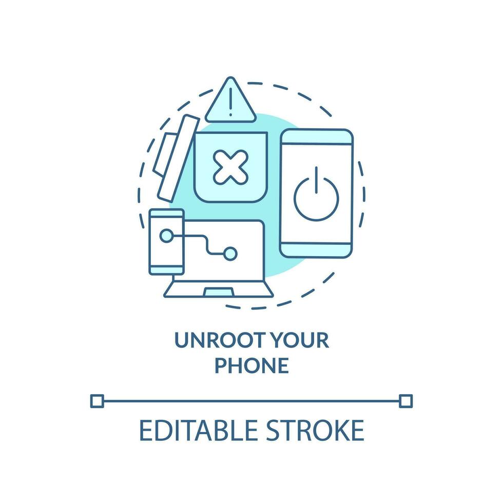 Unroot your phone turquoise concept icon. Factory reset. Smartphone safety abstract idea thin line illustration. Isolated outline drawing. Editable stroke vector