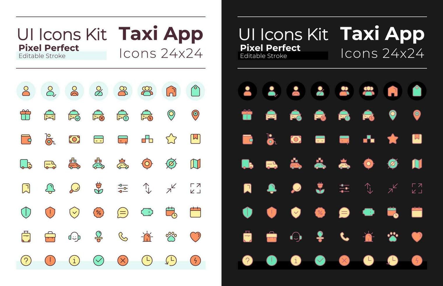 Taxi service pixel perfect RGB color ui icons set for dark, light mode. Urban transport. GUI, UX design for mobile app. Vector isolated pictograms. Editable stroke