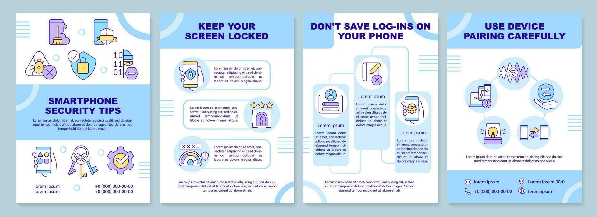 Smartphone security tips blue brochure template. Mobile safety. Leaflet design with linear icons. Editable 4 vector layouts for presentation, annual reports