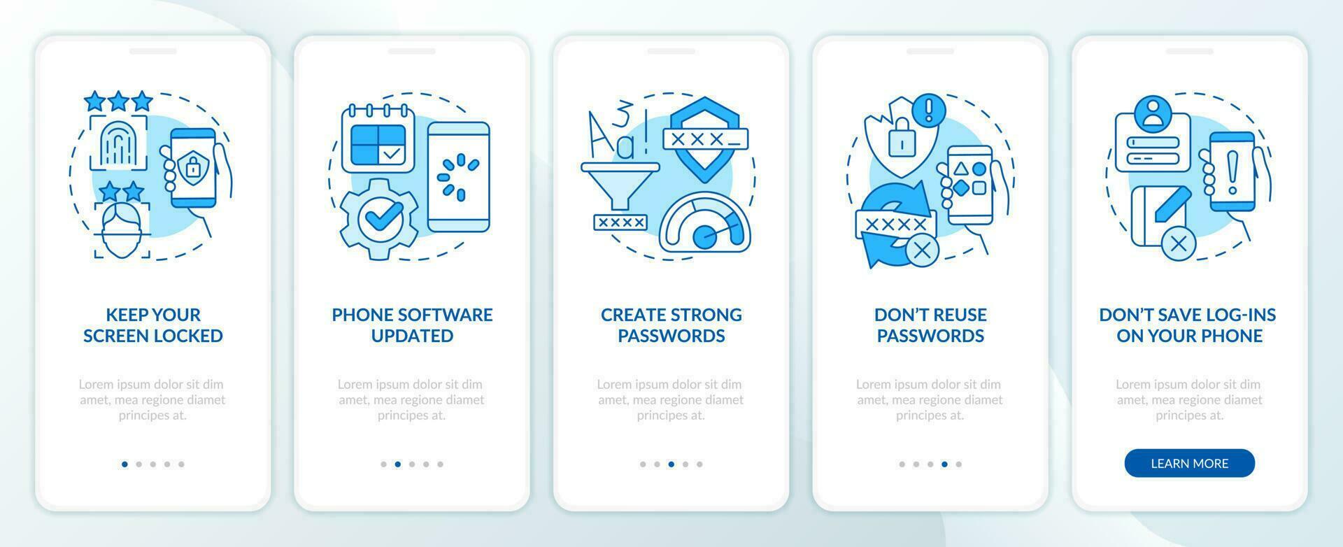 Mobile phone security tips blue onboarding mobile app screen. Walkthrough 5 steps editable graphic instructions with linear concepts. UI, UX, GUI template vector