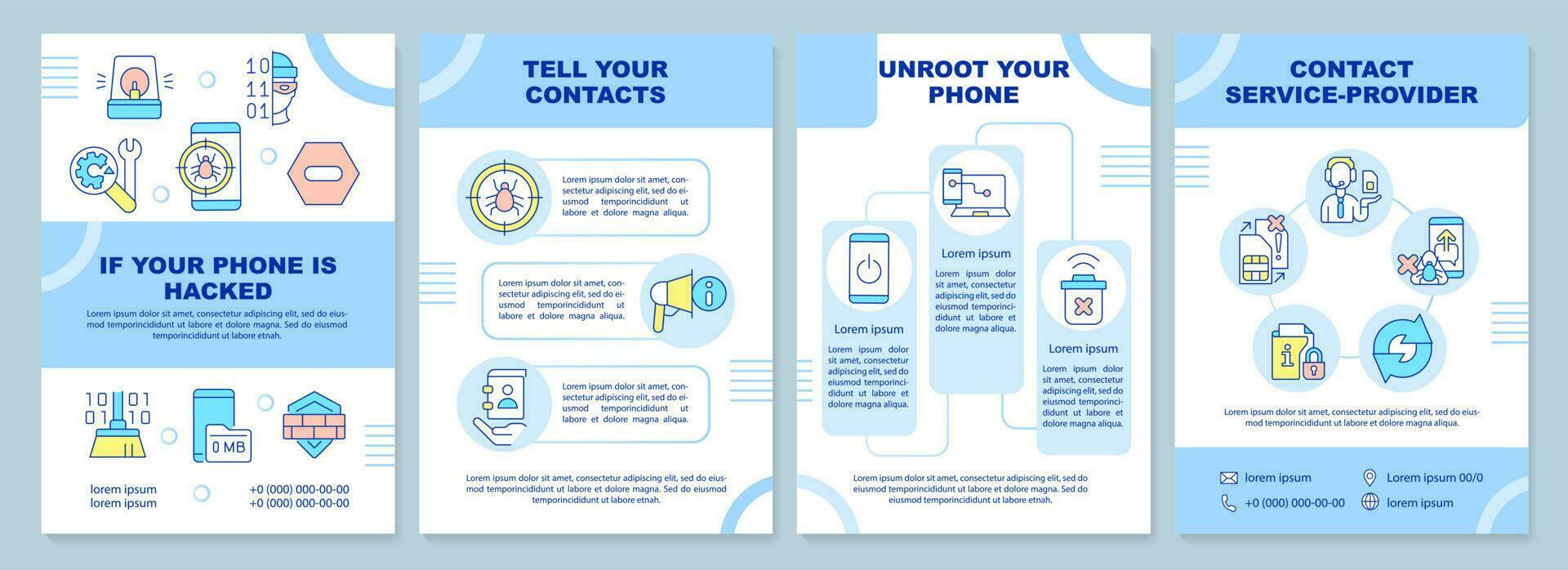 Remove smartphone hacker blue brochure template. Cybersecurity. Leaflet design with linear icons. Editable 4 vector layouts for presentation, annual reports
