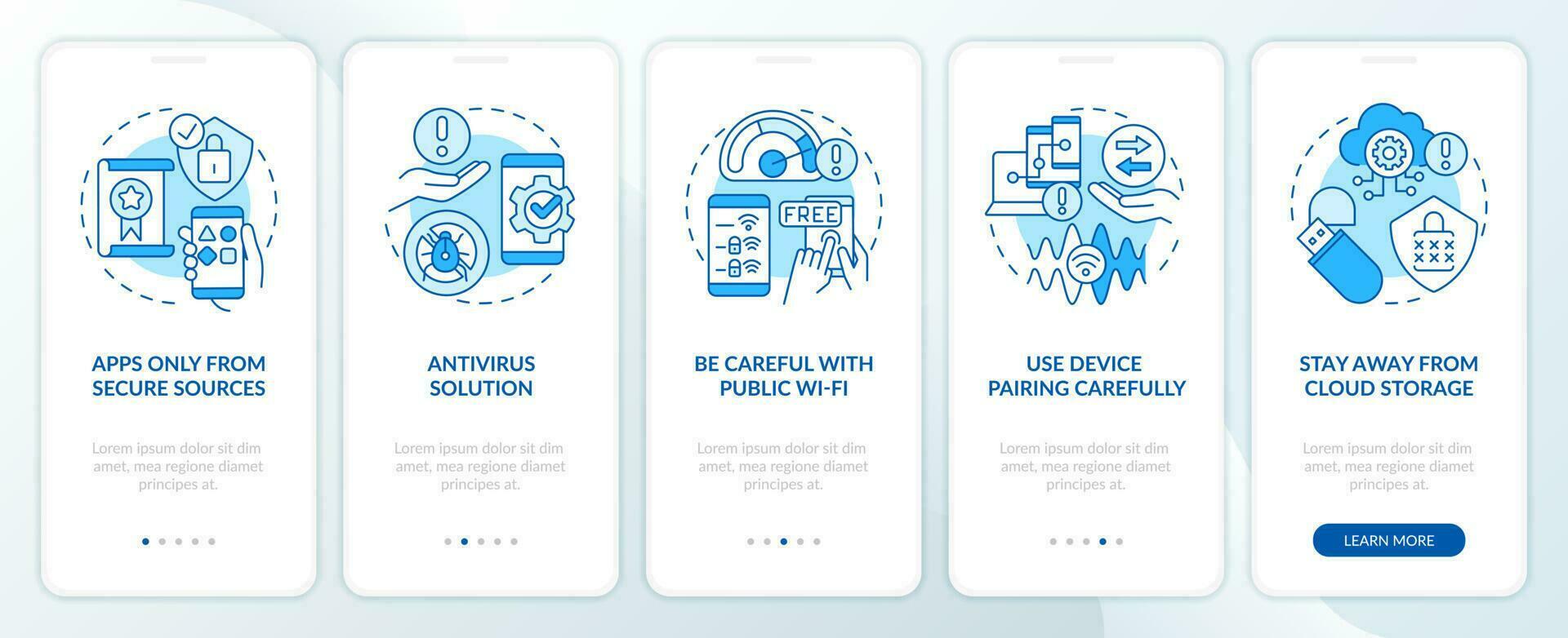 Smartphone safety tips blue onboarding mobile app screen. Security walkthrough 5 steps editable graphic instructions with linear concepts. UI, UX, GUI template vector