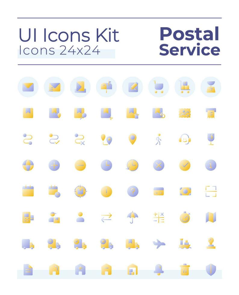 Postal service flat gradient two-color ui icons set. Parcel delivery. Send and receive letter. Mailing. GUI, UX design for mobile app. Vector isolated RGB pictograms