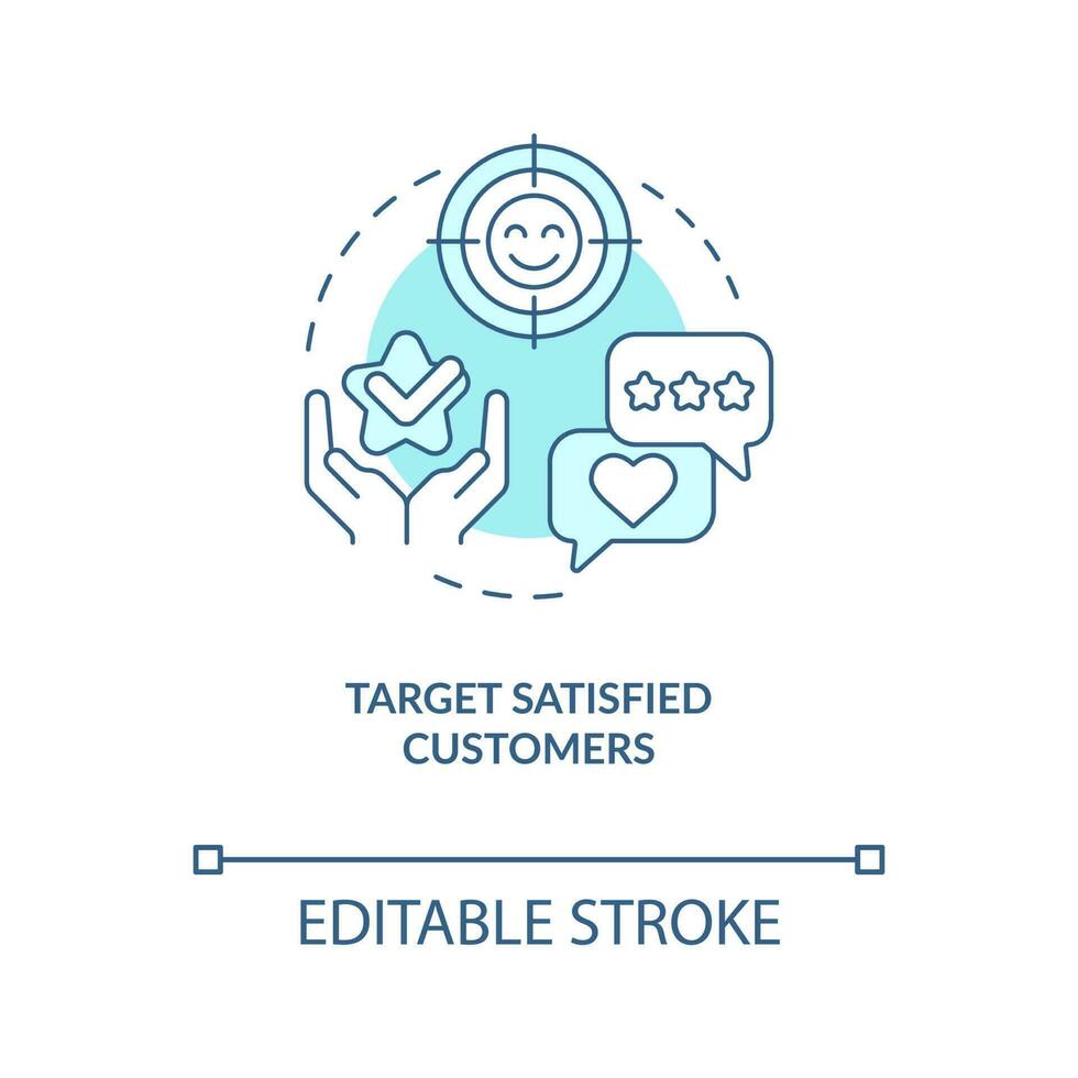 Target satisfied customers turquoise concept icon. Way to make clients write review abstract idea thin line illustration. Isolated outline drawing. Editable stroke vector