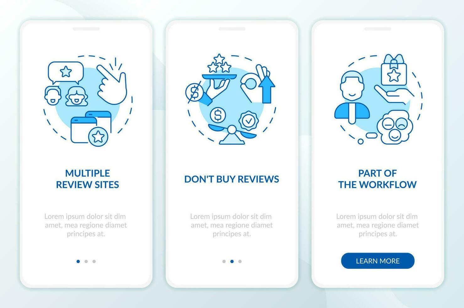 Obtaining online feedback blue onboarding mobile app screen. Walkthrough 3 steps editable graphic instructions with linear concepts. UI, UX, GUI template vector