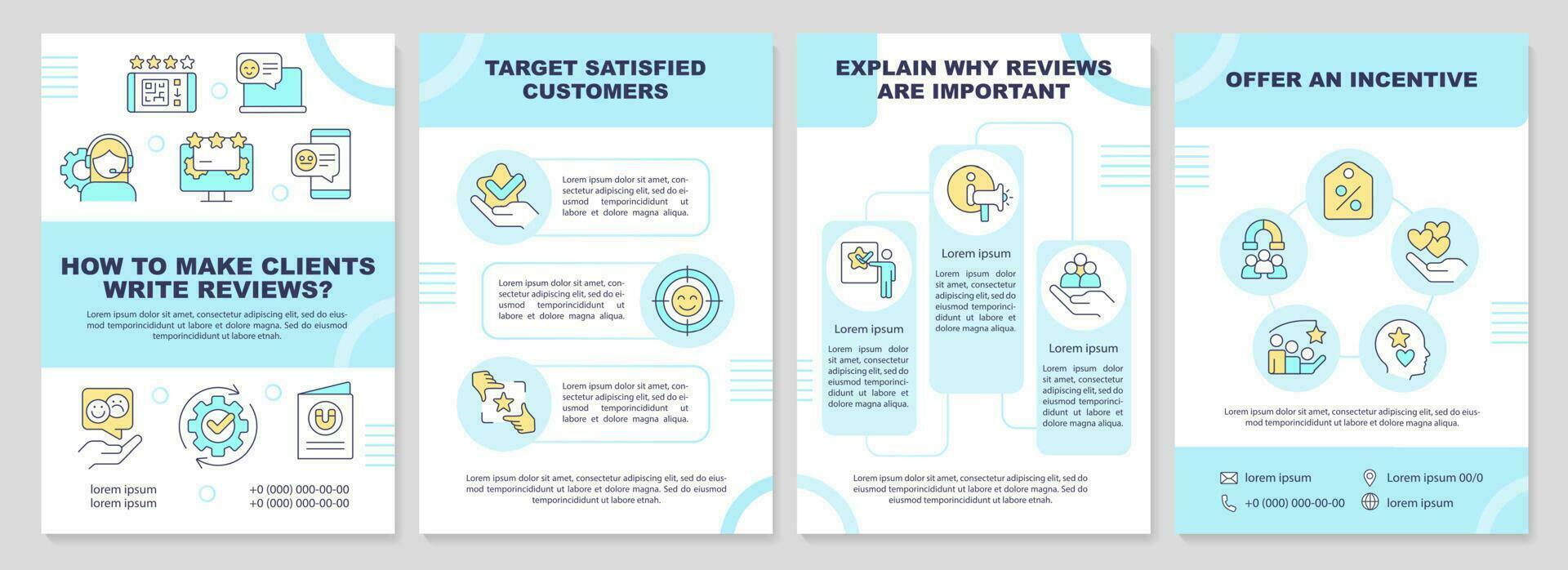 How to make clients write reviews cyan brochure template. Leaflet design with linear icons. Editable 4 vector layouts for presentation, annual reports