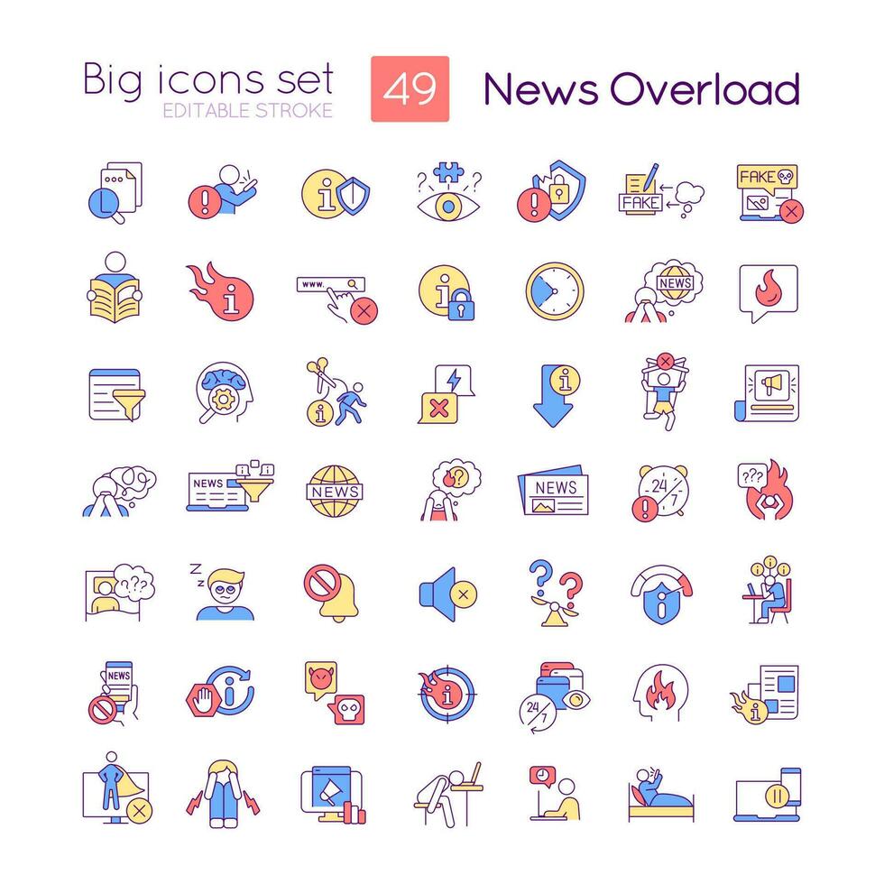 News overload RGB color big icons set. Too much information. Media negative impact to mental health. Isolated vector illustrations. Simple filled line drawings collection. Editable stroke