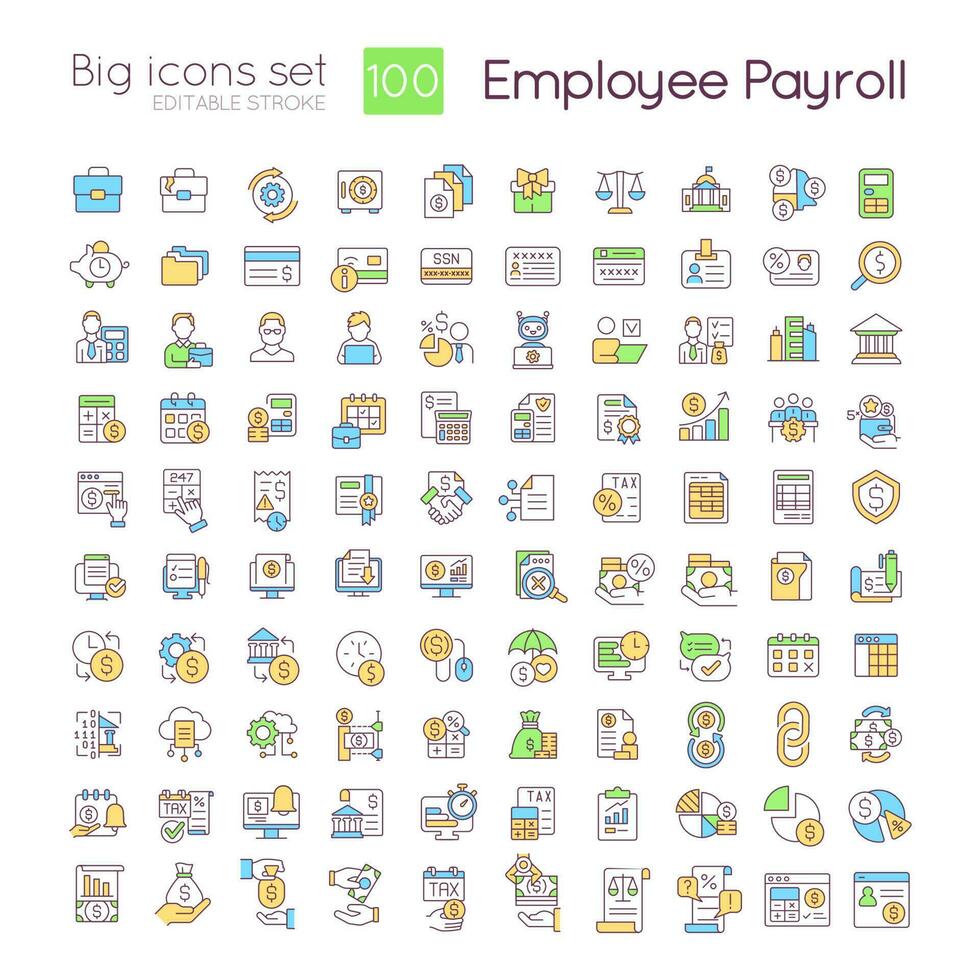 Employee payroll RGB color icons set. Wage payment regulation. Accounting service. Isolated vector illustrations. Simple filled line drawings collection. Editable stroke