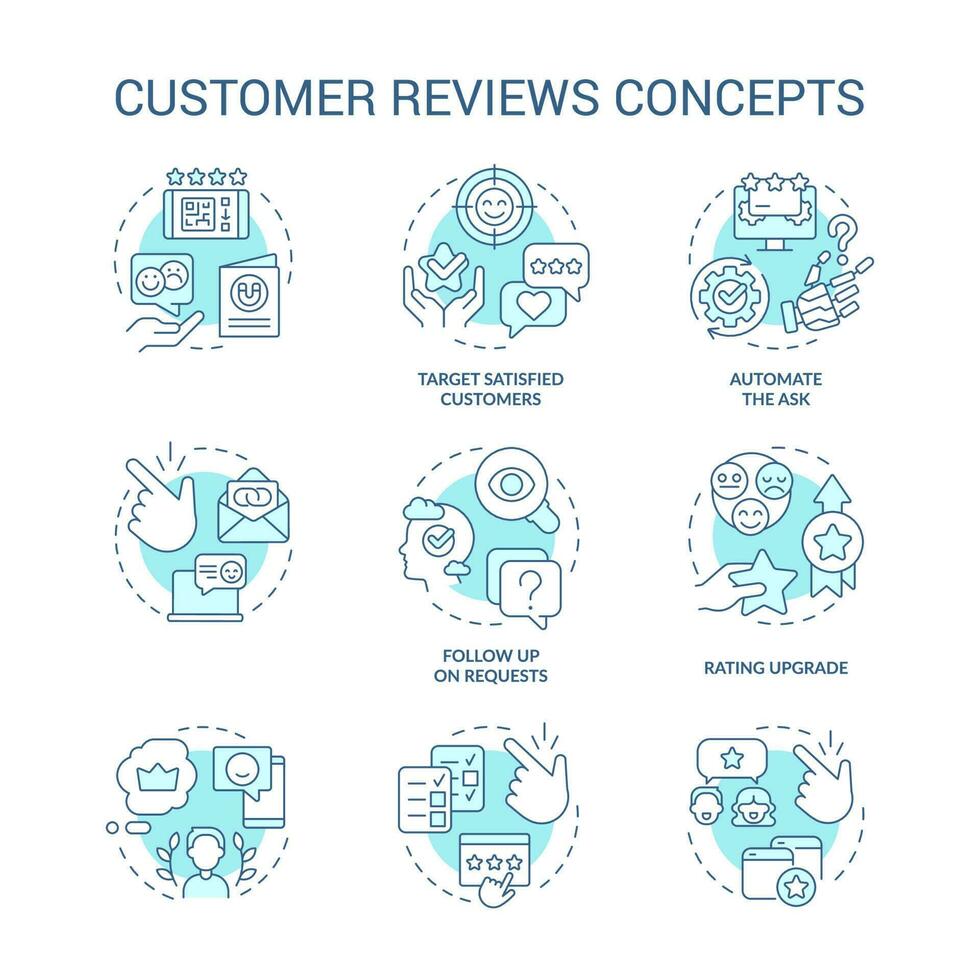 Customer reviews turquoise concept icons set. Product marketing idea thin line color illustrations. Satisfied feedback. Isolated symbols. Editable stroke vector