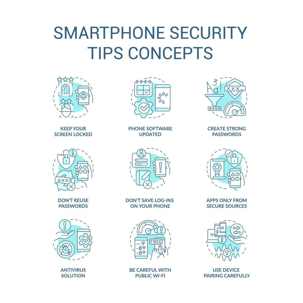 Smartphone security tips turquoise concept icons set. Prevent hacker attack idea thin line color illustrations. Isolated symbols. Editable stroke vector