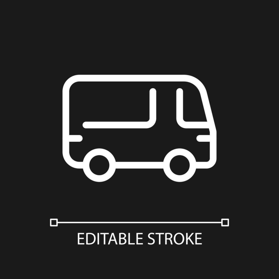 Bus pixel perfect white linear ui icon for dark theme. Public transport. Road vehicle. Vector line pictogram. Isolated user interface symbol for night mode. Editable stroke