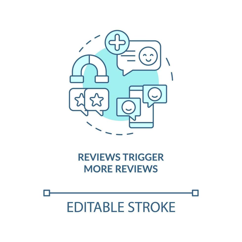 Reviews trigger more reviews turquoise concept icon. Social media. Customer feedback abstract idea thin line illustration. Isolated outline drawing. Editable stroke vector