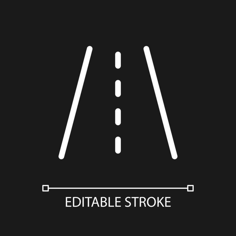 Road surface pixel perfect white linear ui icon for dark theme. Roadway markings. Vector line pictogram. Isolated user interface symbol for night mode. Editable stroke