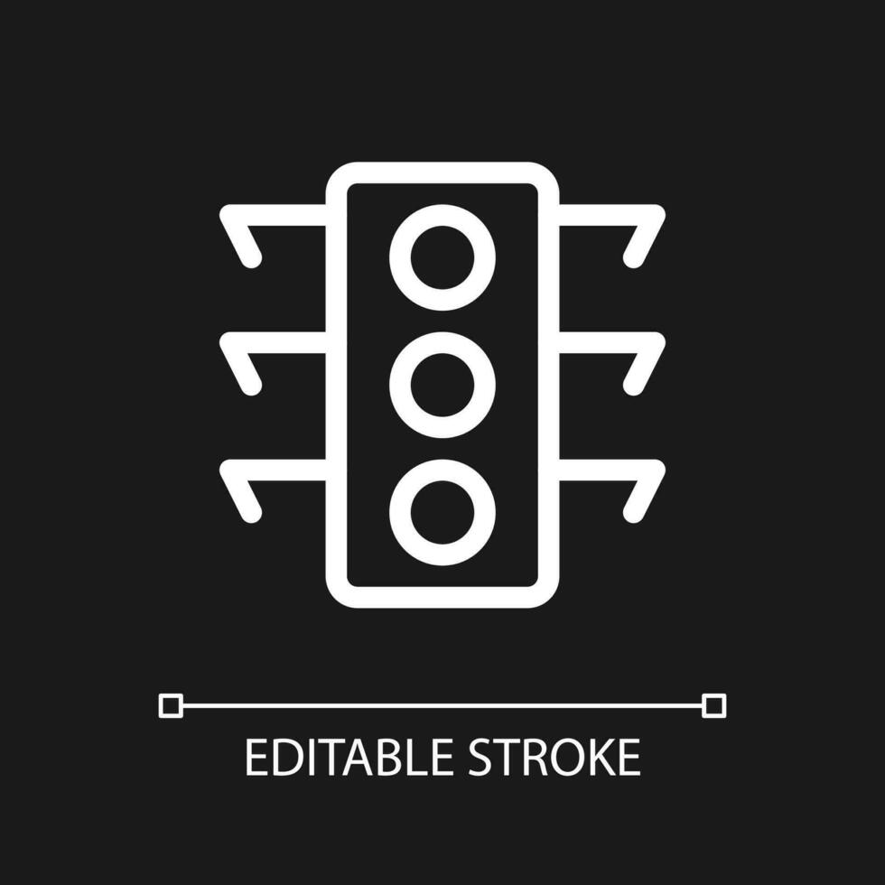 Traffic light pixel perfect white linear ui icon for dark theme. Crossing intersection. Vector line pictogram. Isolated user interface symbol for night mode. Editable stroke