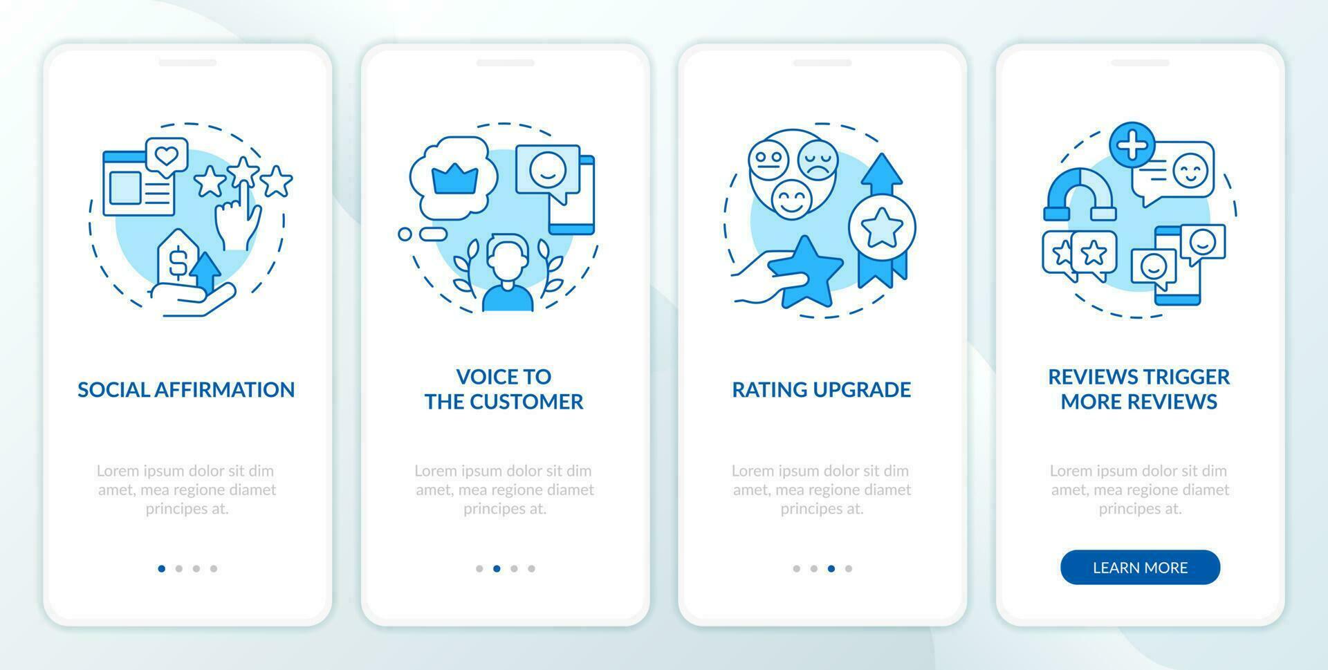 Customer reviews purposes blue onboarding mobile app screen. Walkthrough 4 steps editable graphic instructions with linear concepts. UI, UX, GUI template vector