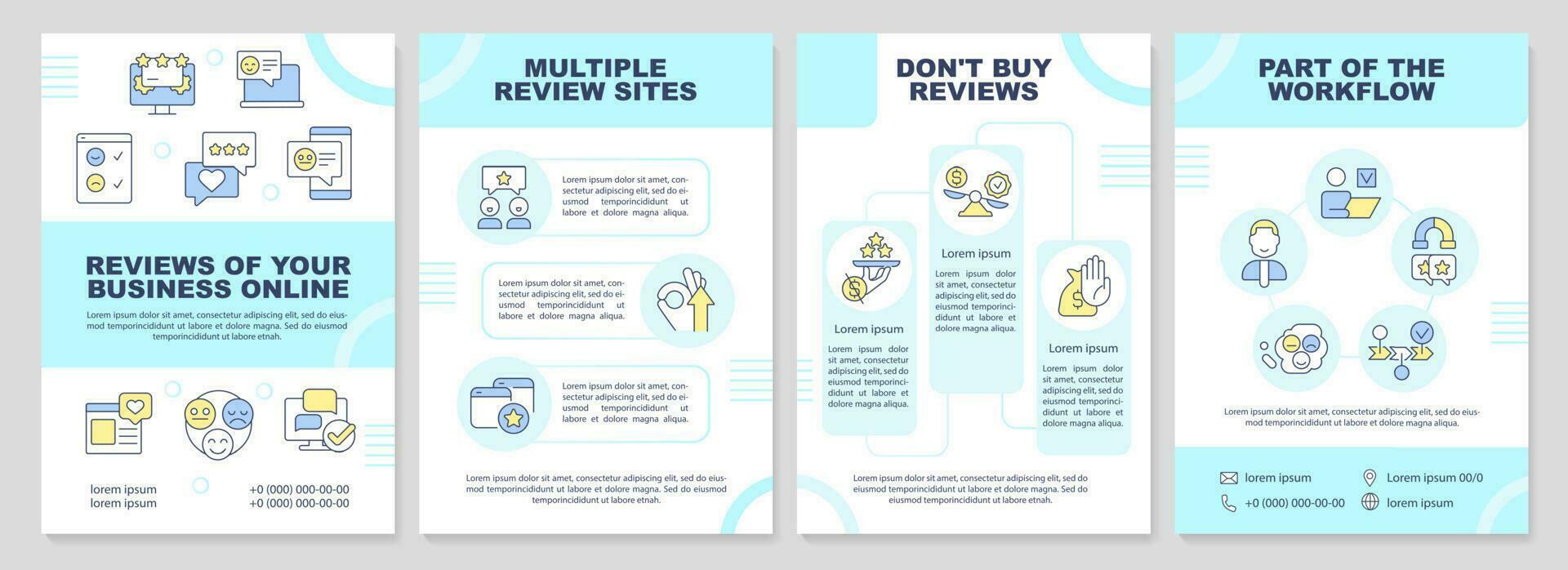 Online business reviews cyan brochure template. Management. Leaflet design with linear icons. Editable 4 vector layouts for presentation, annual reports