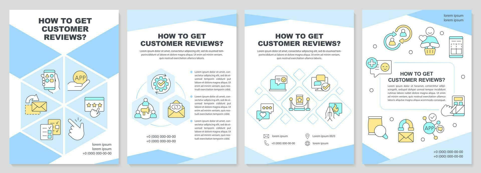 How to get customer reviews blue brochure template. Leaflet design with linear icons. Editable 4 vector layouts for presentation, annual reports